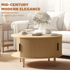 Coffee Table with Lift Top and Hidden Storage, Round Centre Table with Fluted Sliding Door, 80 cm, Natural Wood