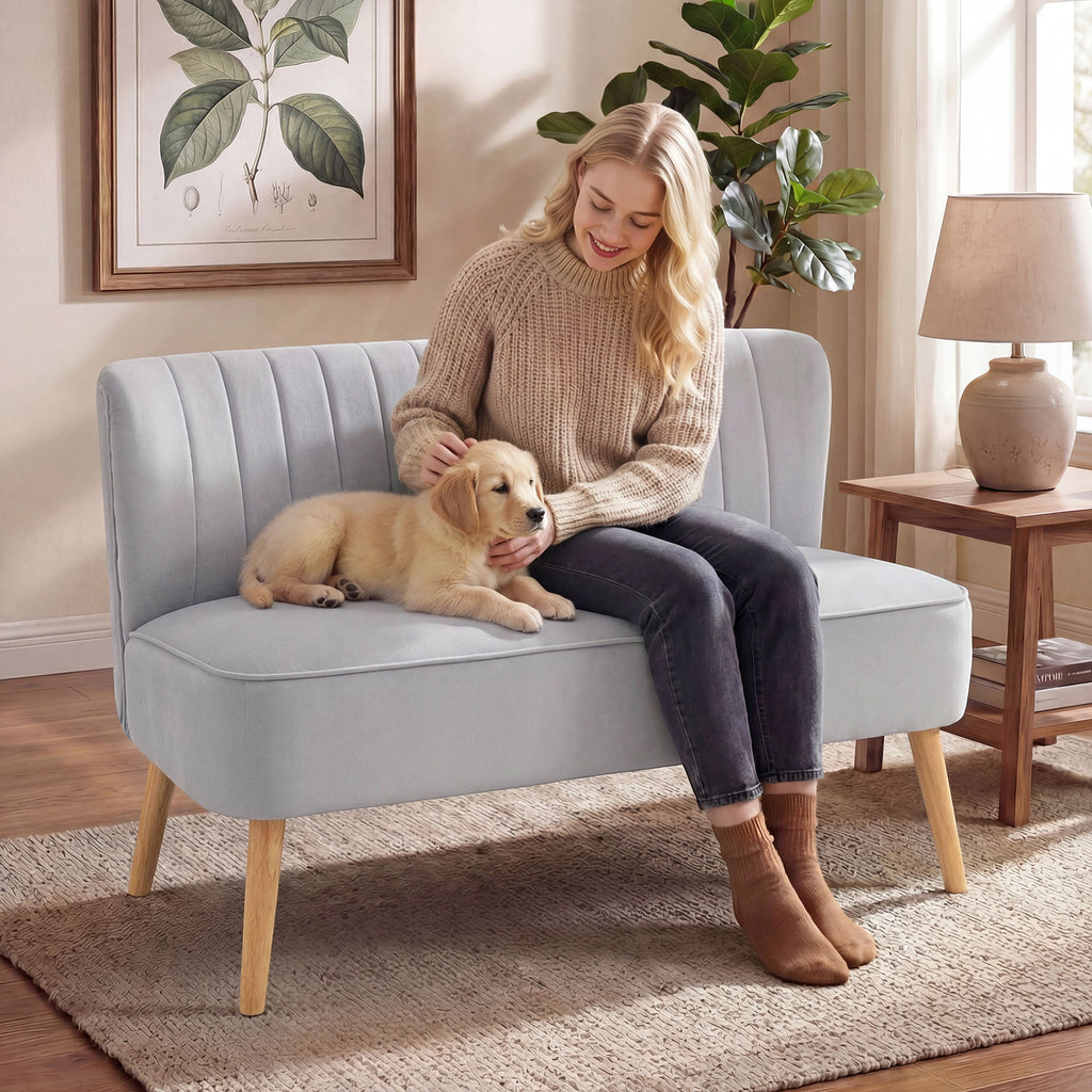 Modern Velvet Double Seat Sofa w/ Wood Frame Foam Padding Soft Comfortable Compact Couch Light Grey