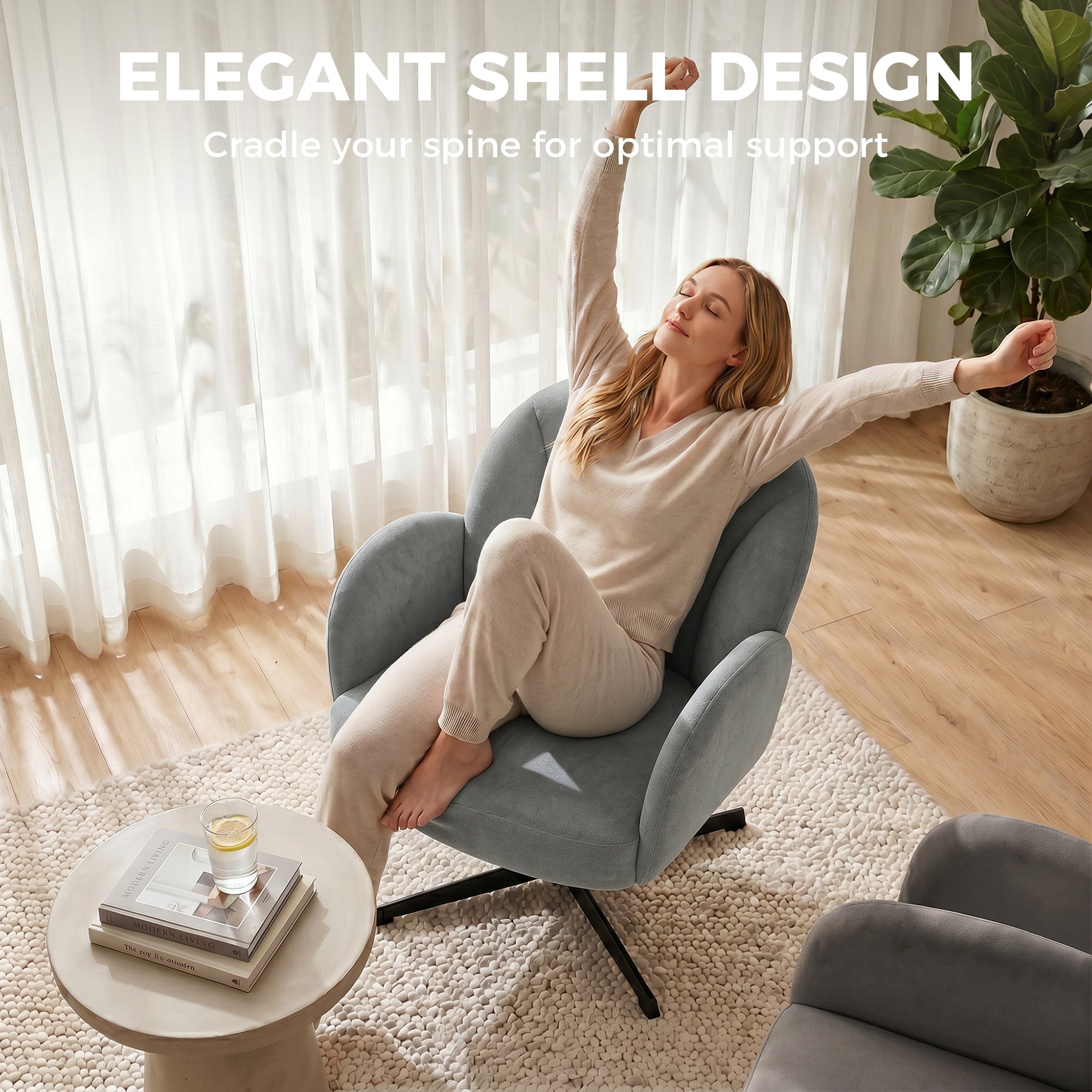 Swivel Accent Chair, Shell-Shaped Armchair with Spring Cushion, Metal Base, Grey