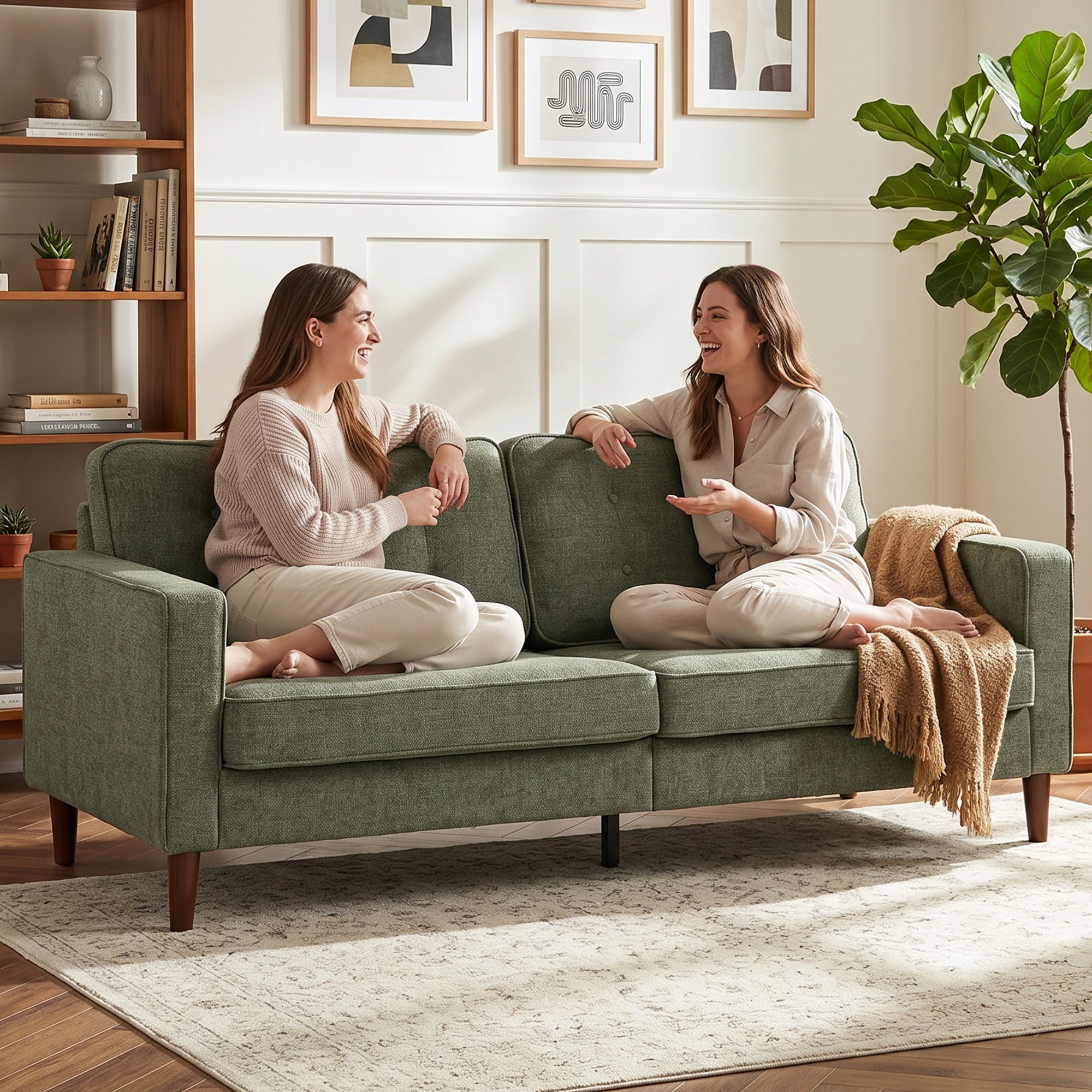 3 Seater Sofa Button Tufted Upholstered Couch with Wood Legs for Living Room, Green