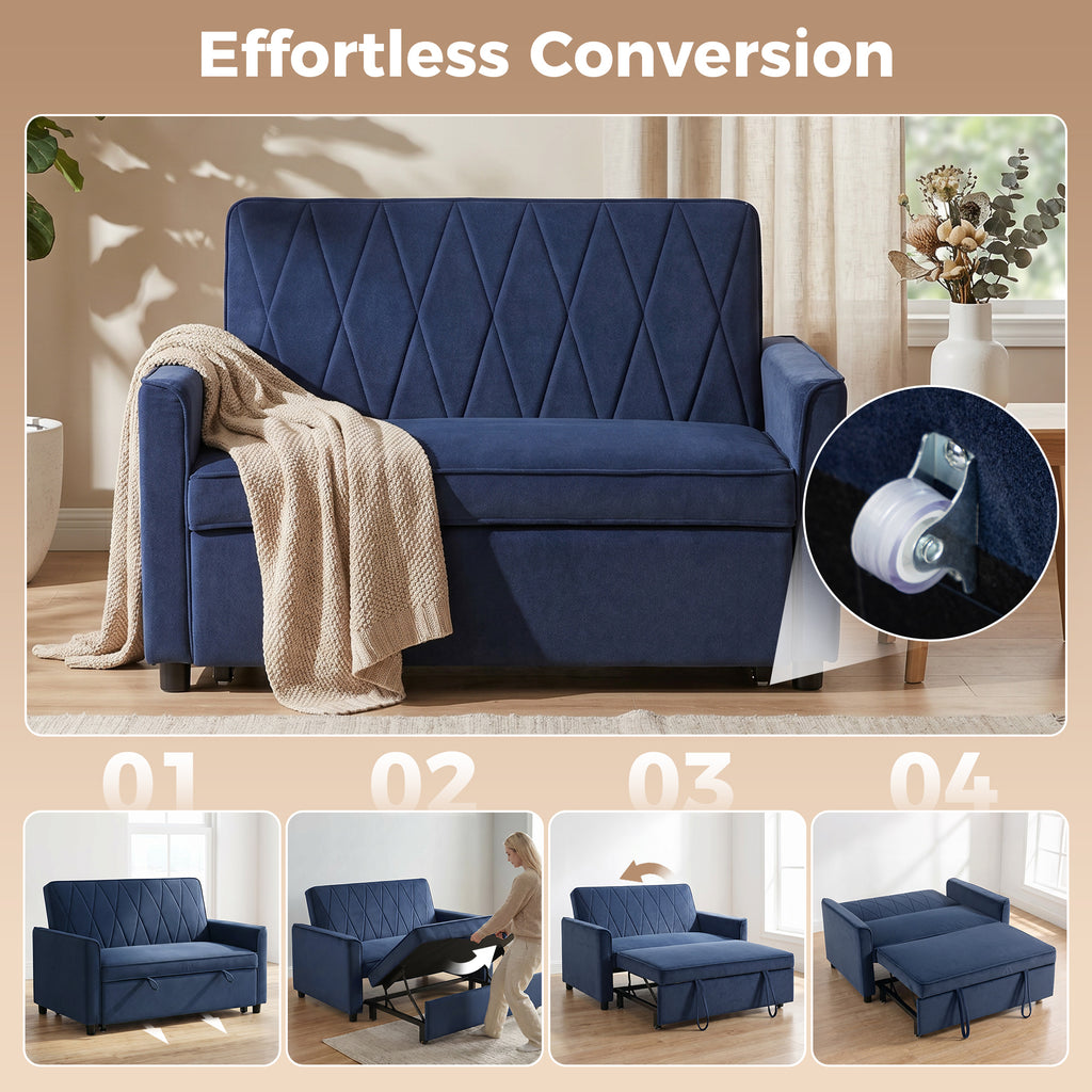 2 Seater Sofa Bed, 3-in-1 Convertible Pull Out Sleeper Sofa with Click-Clack Adjustable Backrest, Dark Blue