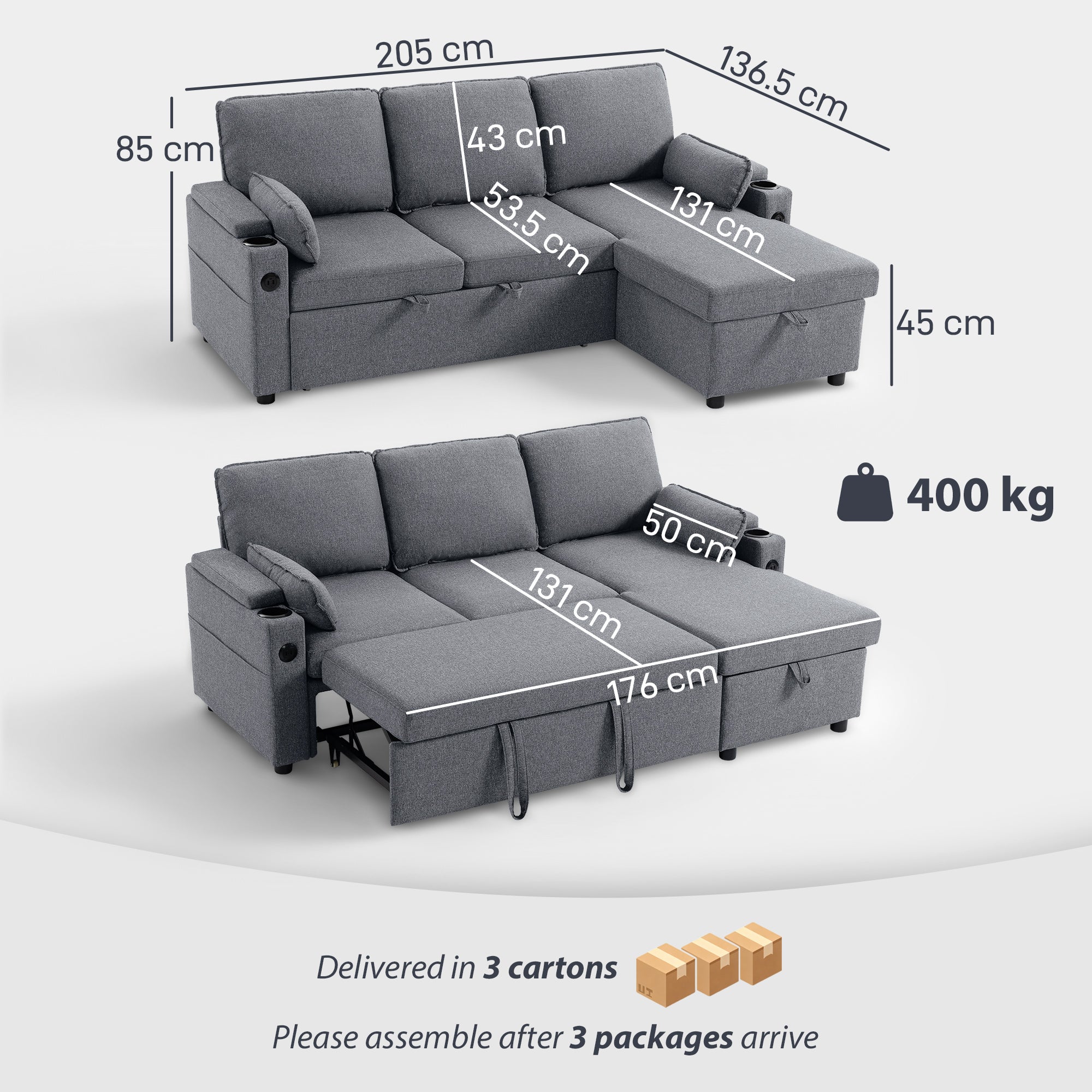 Corner Sofa Bed, L Shaped Sleeper Sectional Sofa with Reversible Storage Chaise, Grey