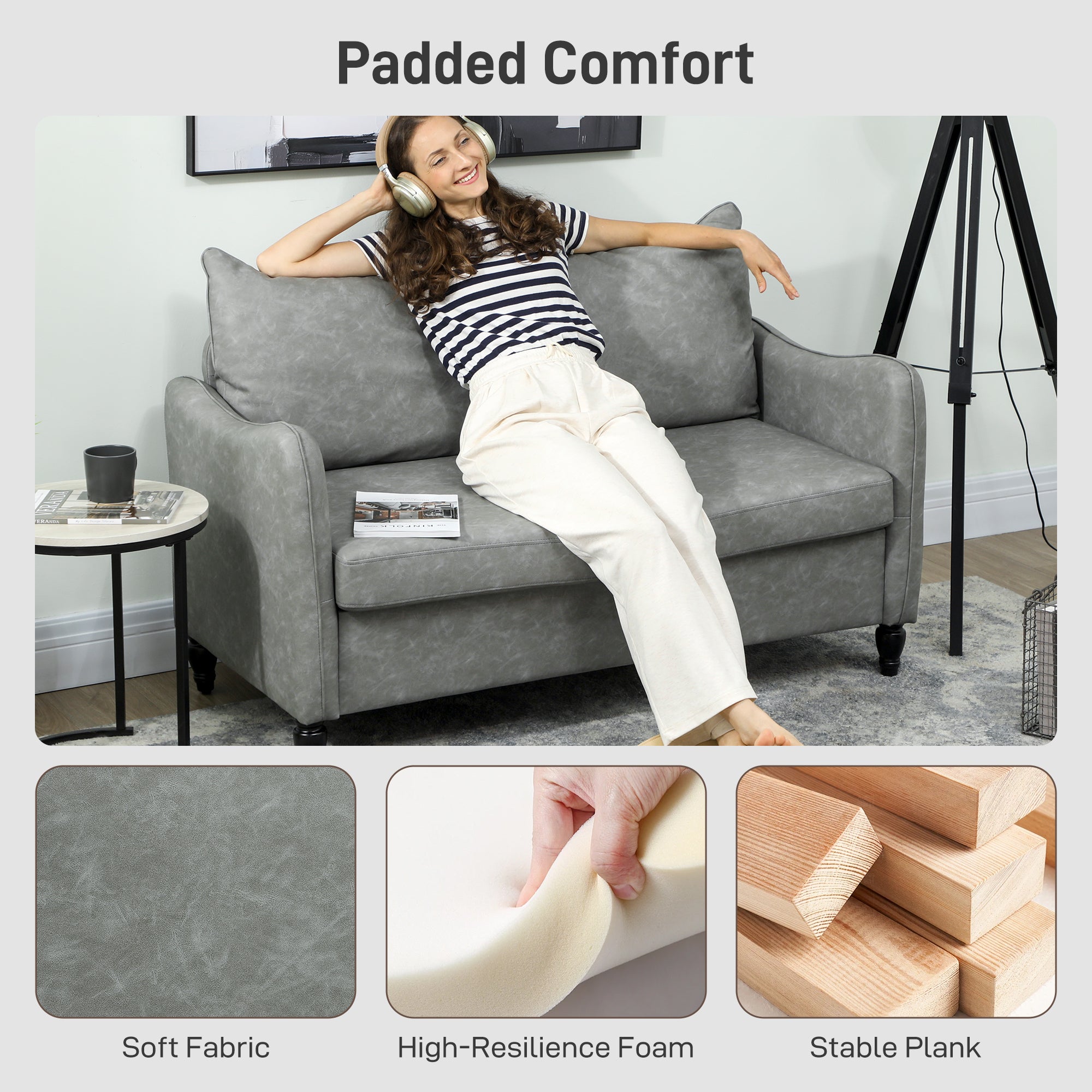 Faux Leather Marble-Effect Two-Seater Sofa - Grey