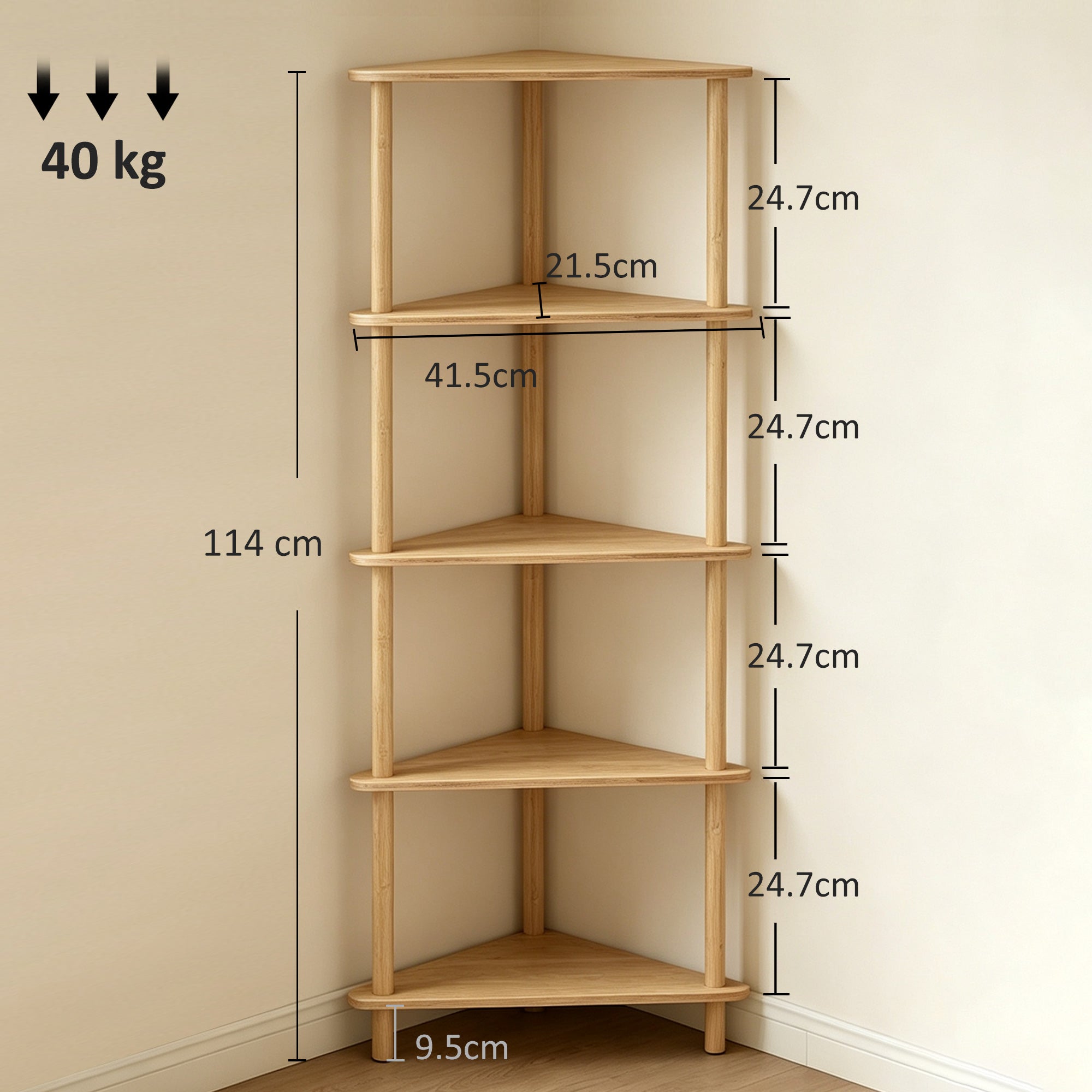 Bamboo Storage Shelf, 5-tier Corner Shelf, Freestanding Shelving Unit for Living Room, Home Office, Natural Wood Finish