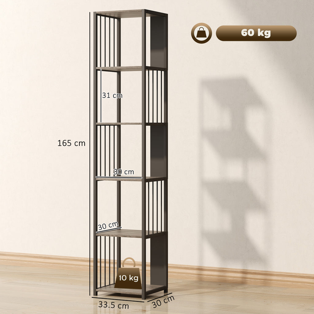 5-Tier Bookshelf with Steel Frame - Grey