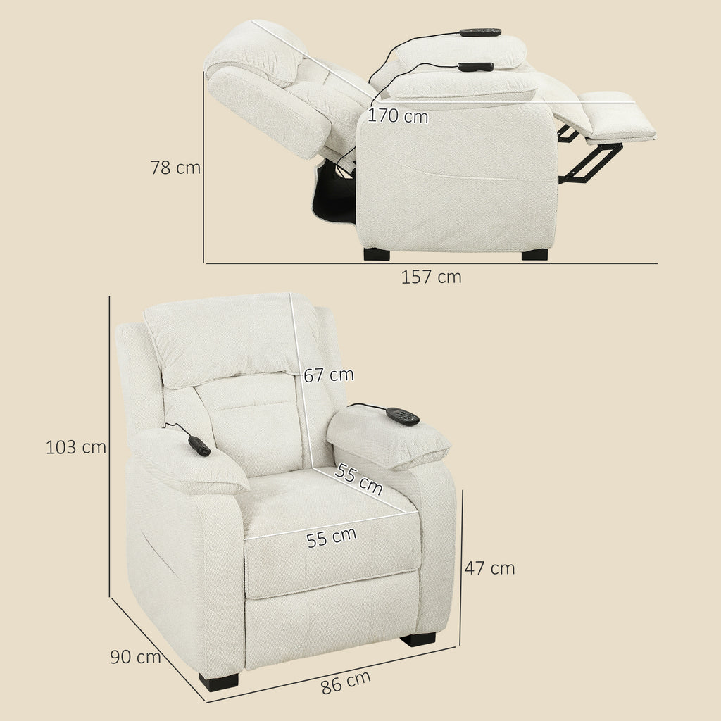 Power Recliner Armchair with Massage and Heat, Electric Reclining Chair with Wide Spring Seat, Cream White