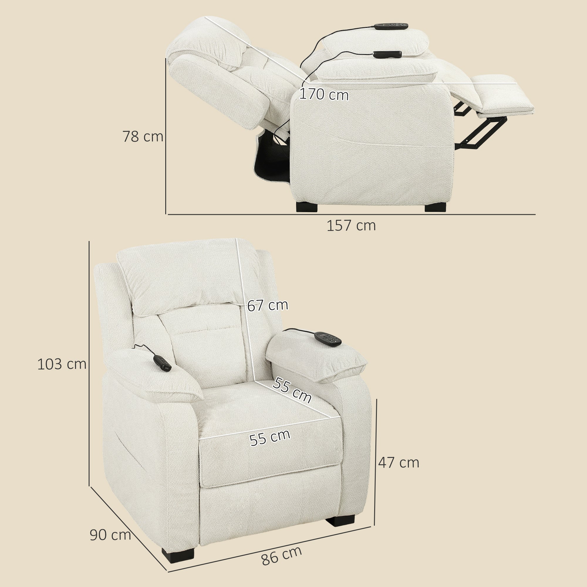 Power Recliner Armchair with Massage and Heat, Electric Reclining Chair with Wide Spring Seat, Cream White