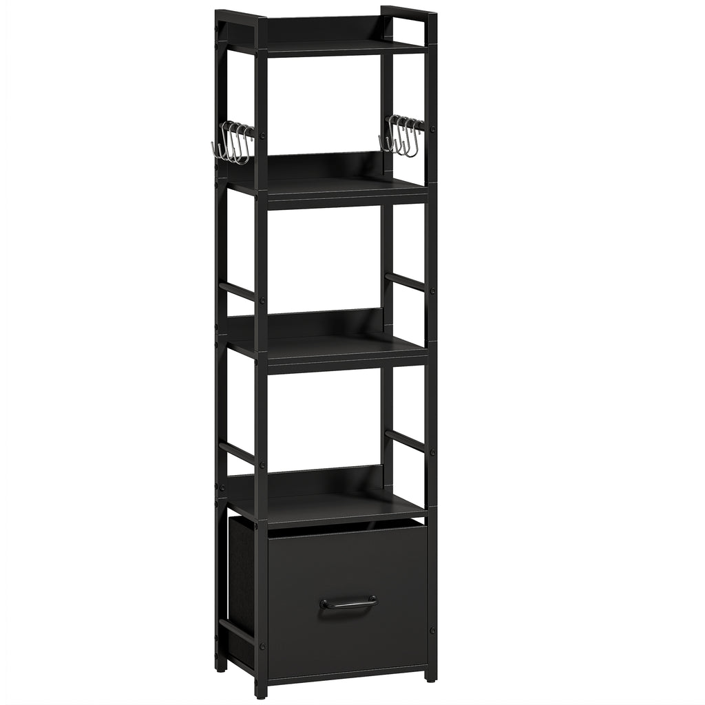 4-Tier Bookshelf, Narrow Bookcase with Drawer, 8 Hooks, Metal Frame, Black