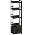 4-Tier Bookshelf, Narrow Bookcase with Drawer, 8 Hooks, Metal Frame, Black