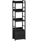 4-Tier Bookshelf, Narrow Bookcase with Drawer, 8 Hooks, Metal Frame, Black