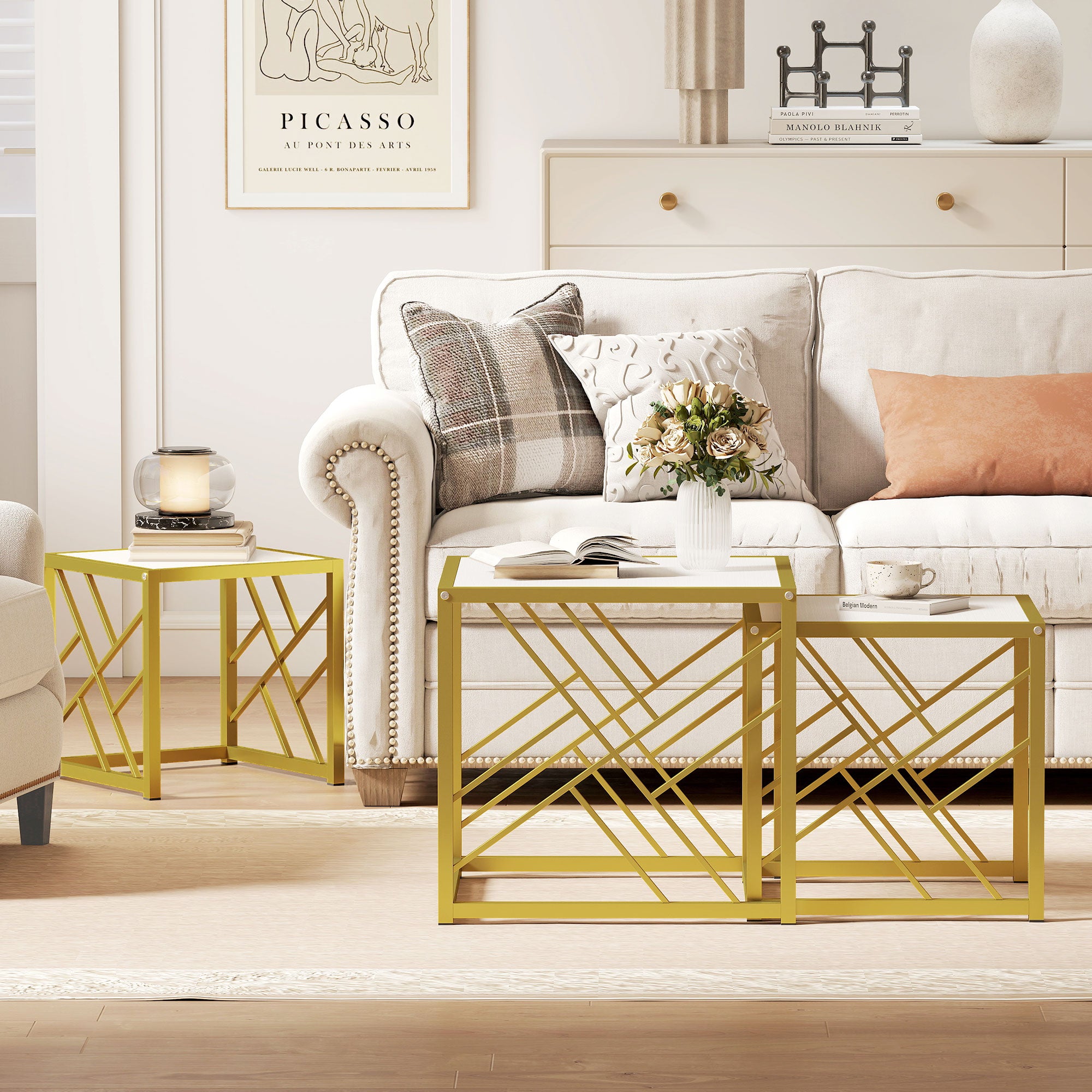 Nesting Coffee Tables, Set of 3 Square Side Tables with Gold Metal Frame, for Living Room, Bedroom and Office, White