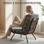 Accent Chair, Linen-look Fabric Reading Chair with Spring Cushion, Slatted Support, Steel Frame, Dark Grey