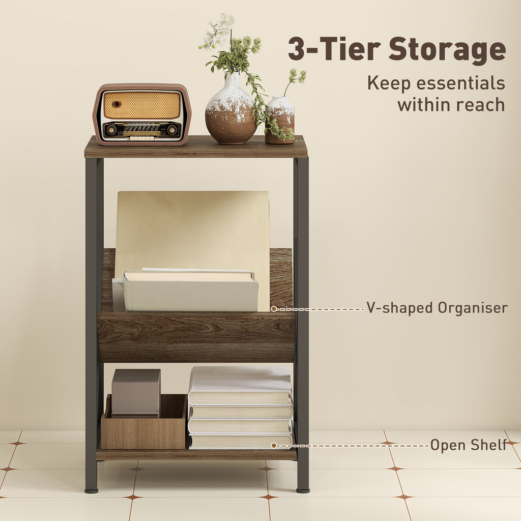 Narrow Side Table, End Table with 3-Tier Storage, V-Shaped Magazine Holder for Living Room, Bedroom, 40 x 30 x 61cm, Oak