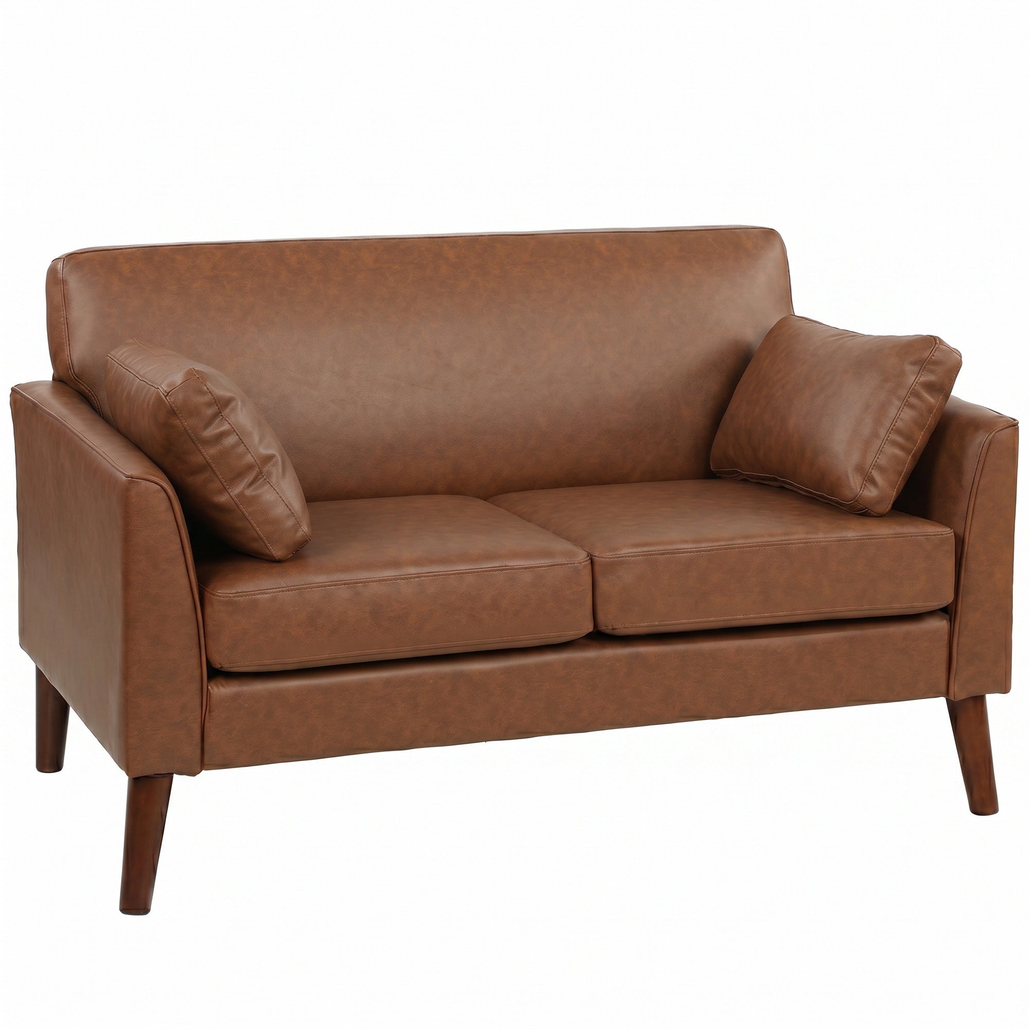 2 Seater Sofa, 132 cm Modern Small Sofa with Solid Wood Legs and 2 Pillows for Small Space, Brown