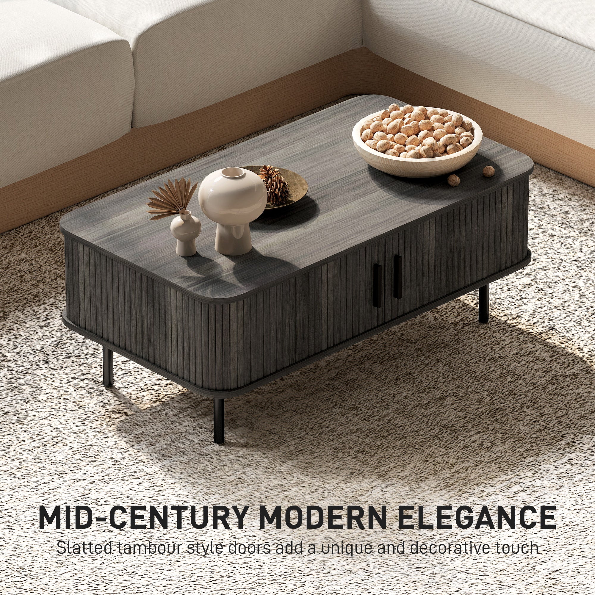 Coffee Table with Storage, Living Room Table with Slatted Tambour Sliding Doors and Adjustable Foot Pads, Rectangular Coffee Table with Elevated Base for Living Room, Grey Wood-Effect