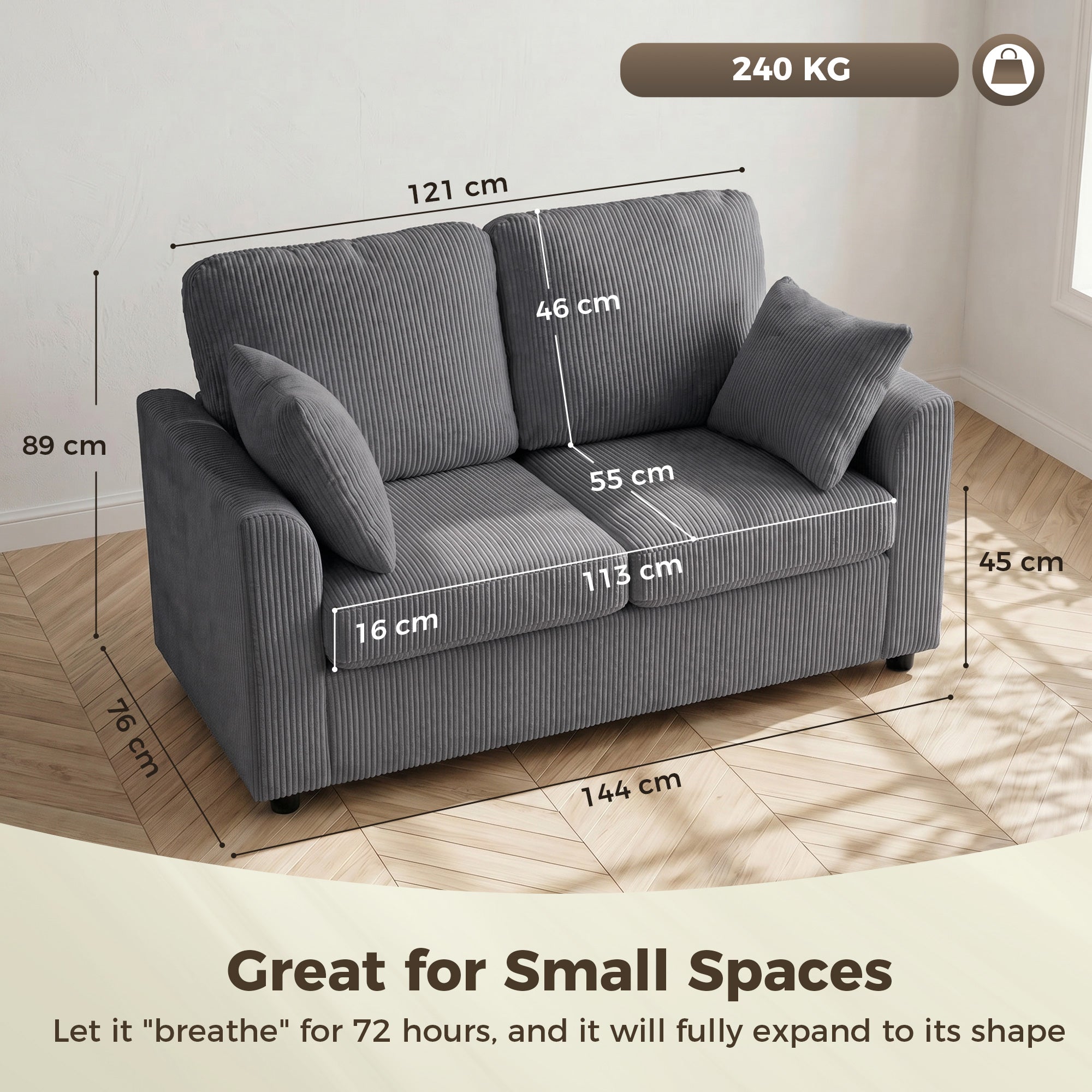 2 Seater Sofa, Corduroy Small Couch with Spring Cushion, Wide and Deep Seat, Dark Grey