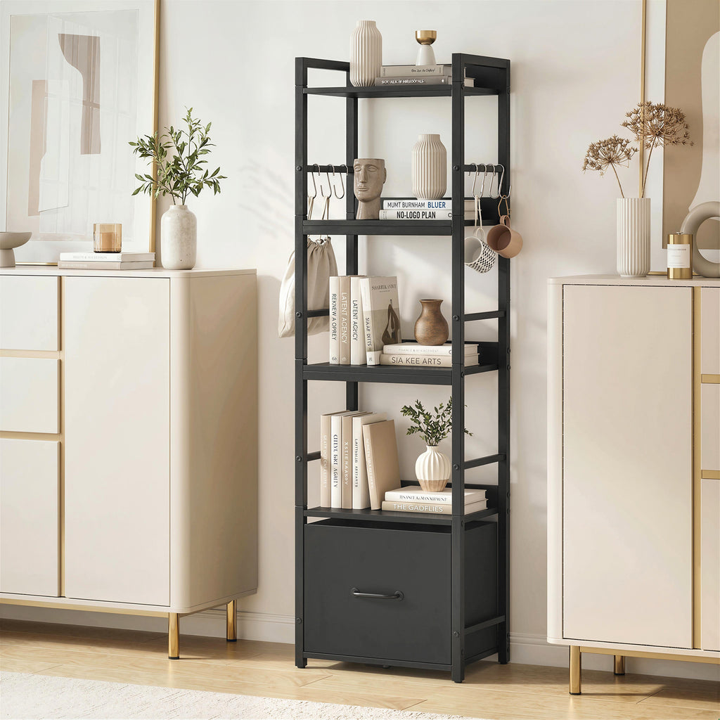 4-Tier Bookshelf, Narrow Bookcase with Drawer, 8 Hooks, Metal Frame, Black