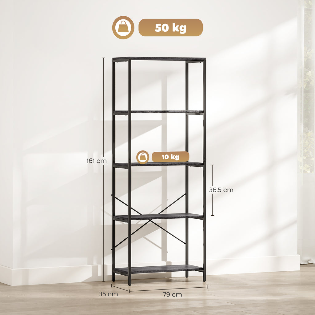 5-Tier Bookshelf, Industrial Bookcase with Metal Frame - Dark Grey and Black