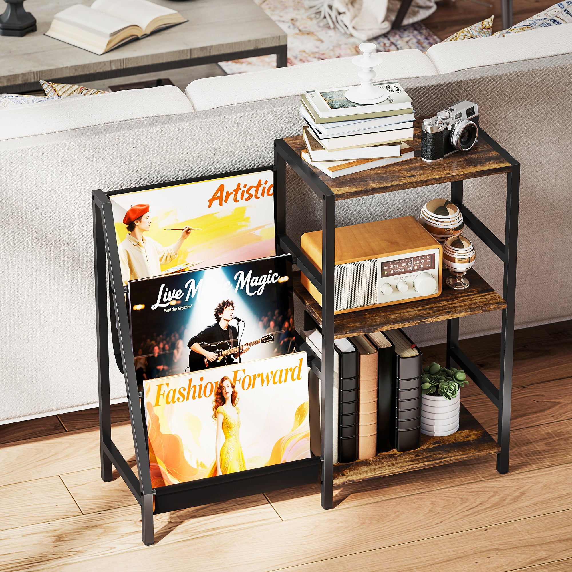 3-Tier Record Player Stand, End Table for Living Room, Bedroom - Rustic Brown