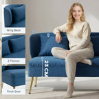 2 Seater Sofa, Linen-look Fabric Small Sofa with Wing Back, Thick Seat, Metal Legs, Dark Blue