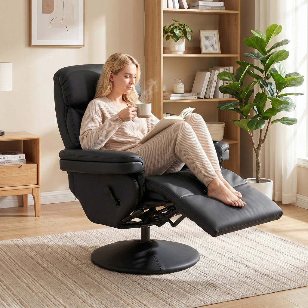 Upholstered Reclining Armchair, Manual Recliner Chair with Footrest and Adjustable Backrest, Black