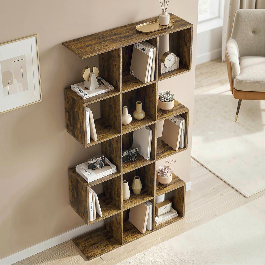 5-Tier Bookshelf, S Shaped Geometric Bookcase with 15 Compartments, Rustic Brown