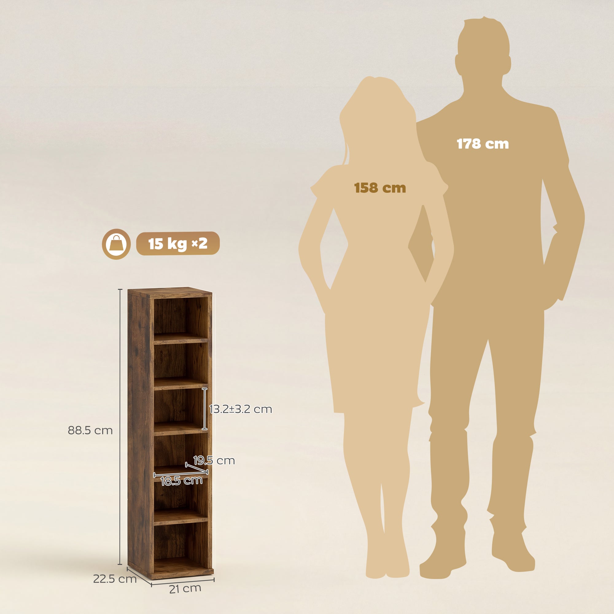 Set of 2 CD Media Display Shelf Unit Tower Rack with Adjustable Shelves, Rustic Brown