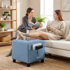 Small Ottoman, Square Footstool with Side Pocket, Rubber Wood Legs and Padded Seat for Living Room, Dark Blue