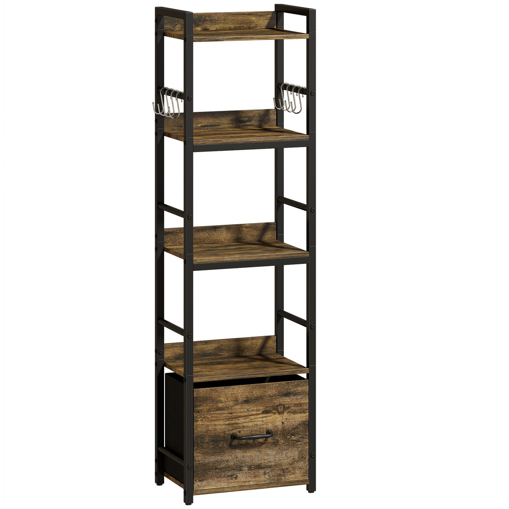 4-Tier Bookshelf, Narrow Bookcase with Drawer, 8 Hooks, Metal Frame, Rustic Brown