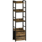 4-Tier Bookshelf, Narrow Bookcase with Drawer, 8 Hooks, Metal Frame, Rustic Brown