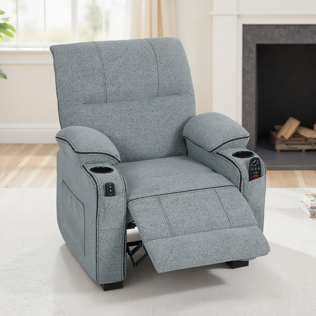 Electric Massage Recliner Armchair with Vibration, Heat, Whisper-Quiet Motor, Memory Function, Velvet Power Reclining Chair with Spring Pack, USB Port, Footrest, Side Pockets, Cup Holders, Grey