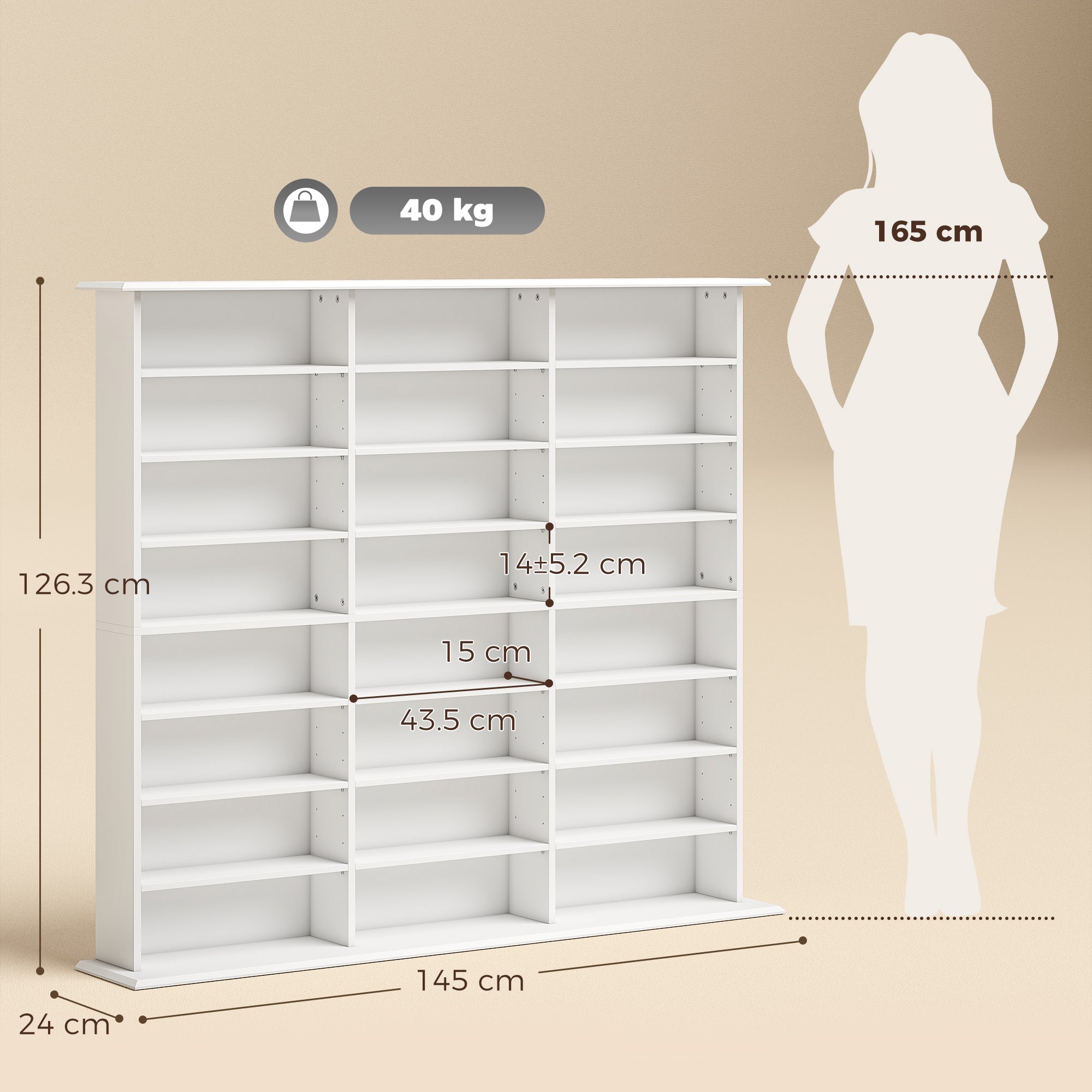 1032 CD/594 DVD Storage Unit, Blu-ray Media Storage Shelf with 24 Compartments and 18 Adjustable Shelves, White