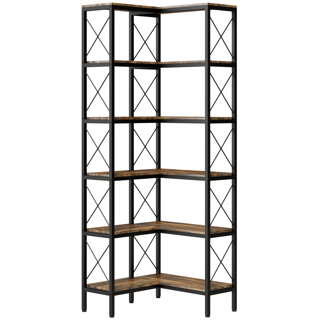 5-Tier L-Shaped Bookshelf, Freestanding Corner Bookcase with Metal Frame, Rustic Brown