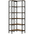 5-Tier L-Shaped Bookshelf, Freestanding Corner Bookcase with Metal Frame, Rustic Brown