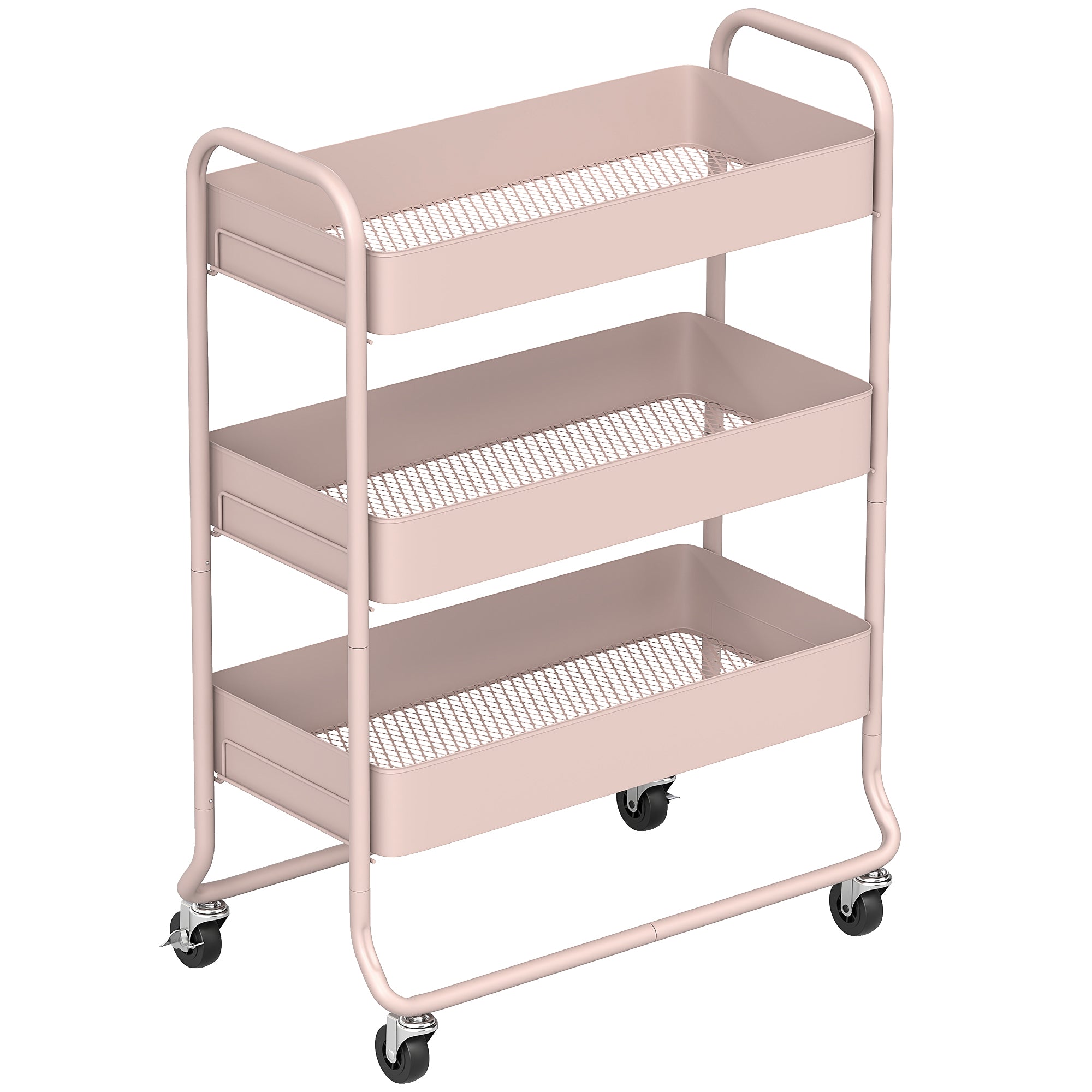HOMCOM 3-Tier Storage Trolley on Wheels with Mesh Baskets - Light Pink