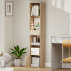 6-Tier Bookcase, Tall Narrow Bookshelf with Drawer and Door - Natural Wood Finish