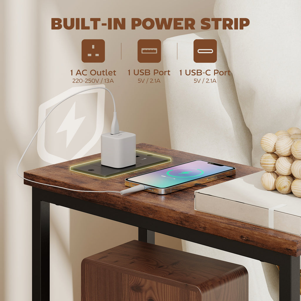 Side Table, Narrow Bedside Table with Charging Station, 2 Drawers, AC Outlet and 2 USB Ports for Living Room, Bedroom