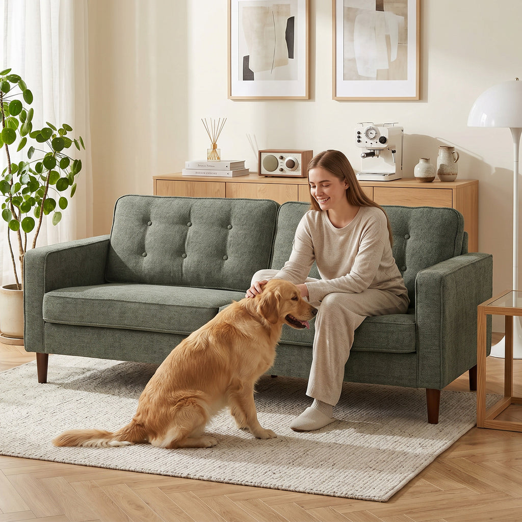 3 Seater Sofa Button Tufted Upholstered Couch with Wood Legs for Living Room, Green