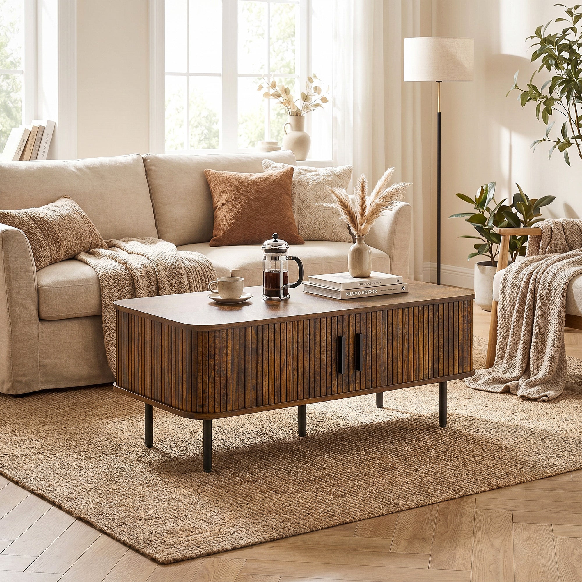 Coffee Table with Storage, Living Room Table with Slatted Tambour Sliding Doors and Adjustable Foot Pads, Rectangular Coffee Table with Elevated Base for Living Room, Rustic Brown