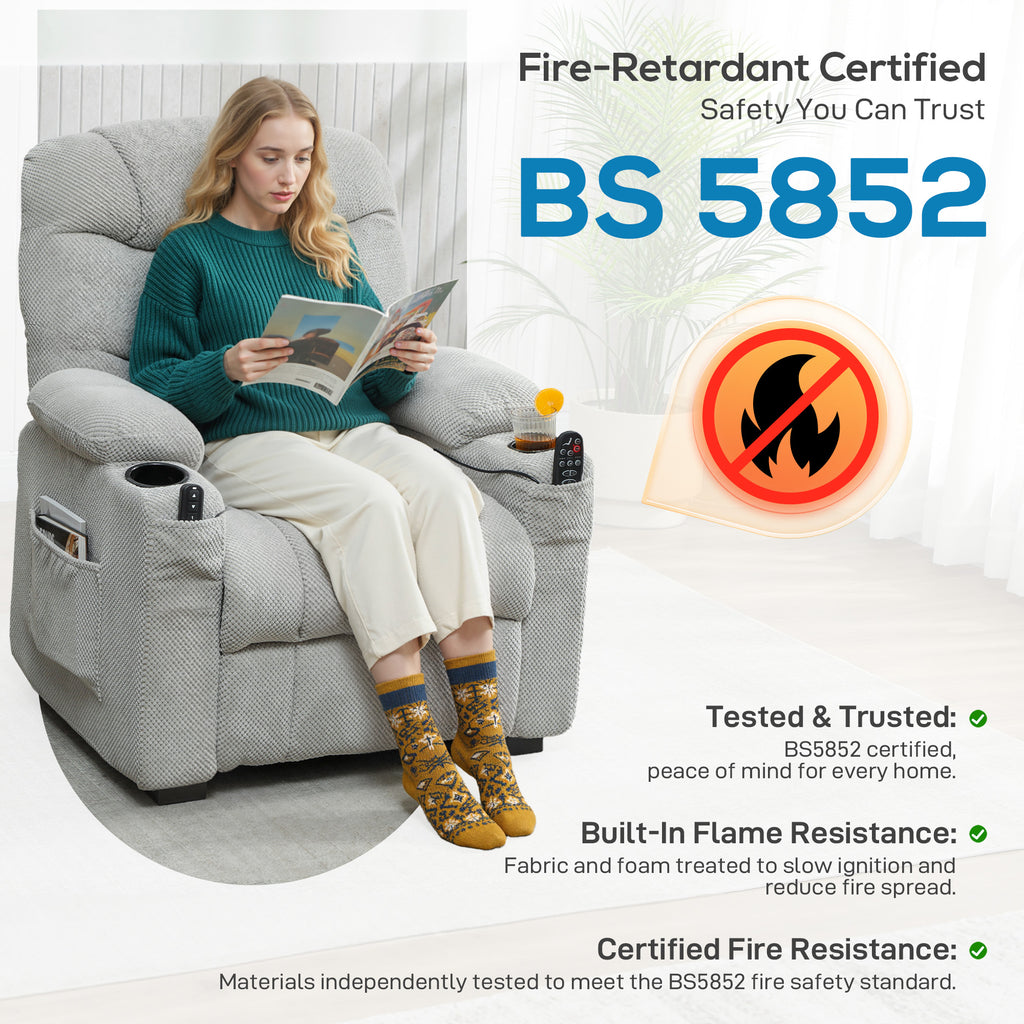 Electric Massage Recliner Armchair with Vibration, Heat, Whisper-Quiet Motor, Memory Function, Fleece Power Reclining Chair with Spring Pack, USB Port, Footrest, Side Pocket, Grey