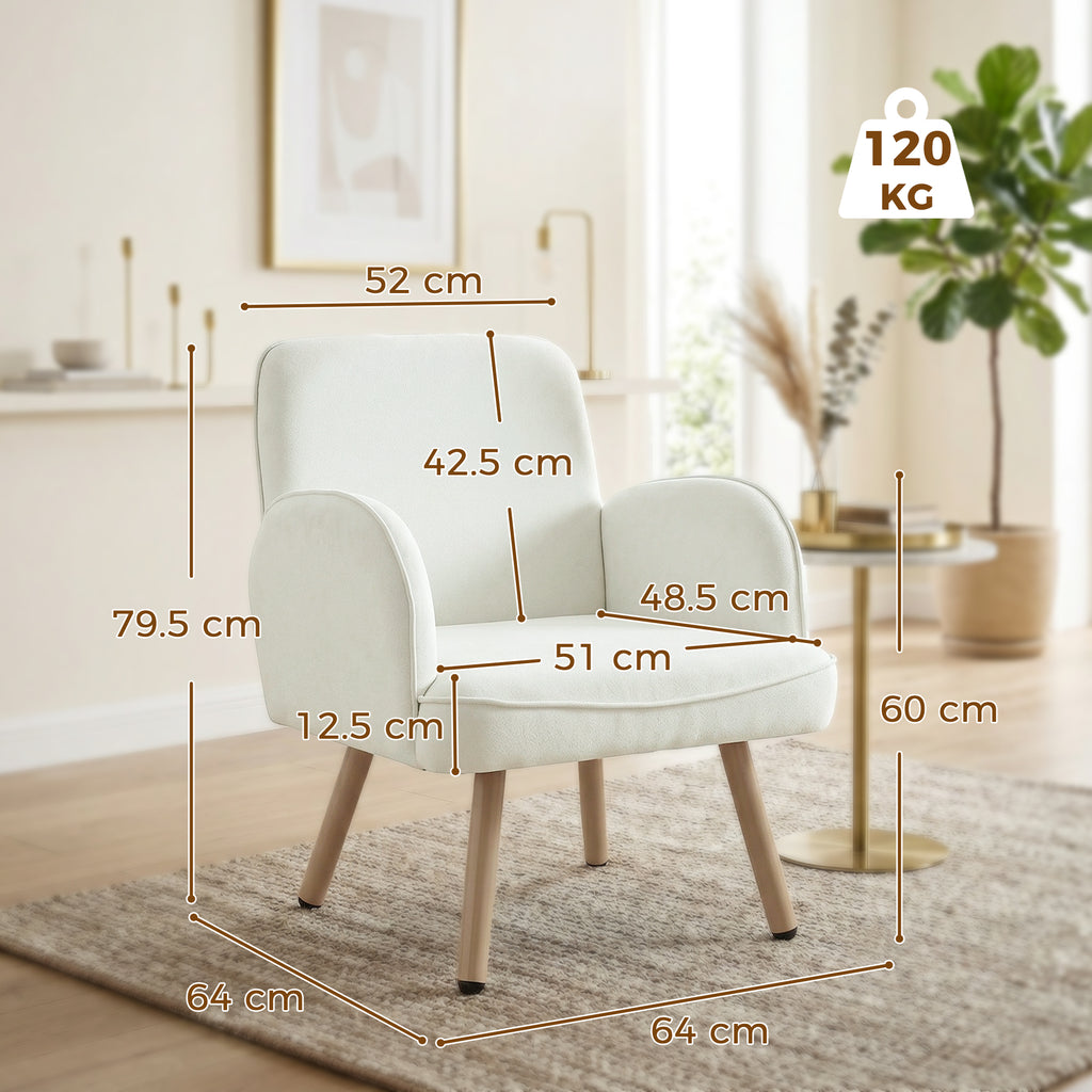 Lounge Chair Velvet Upholstered Armchair with Spring Cushion for Living Room Bedroom Cream White
