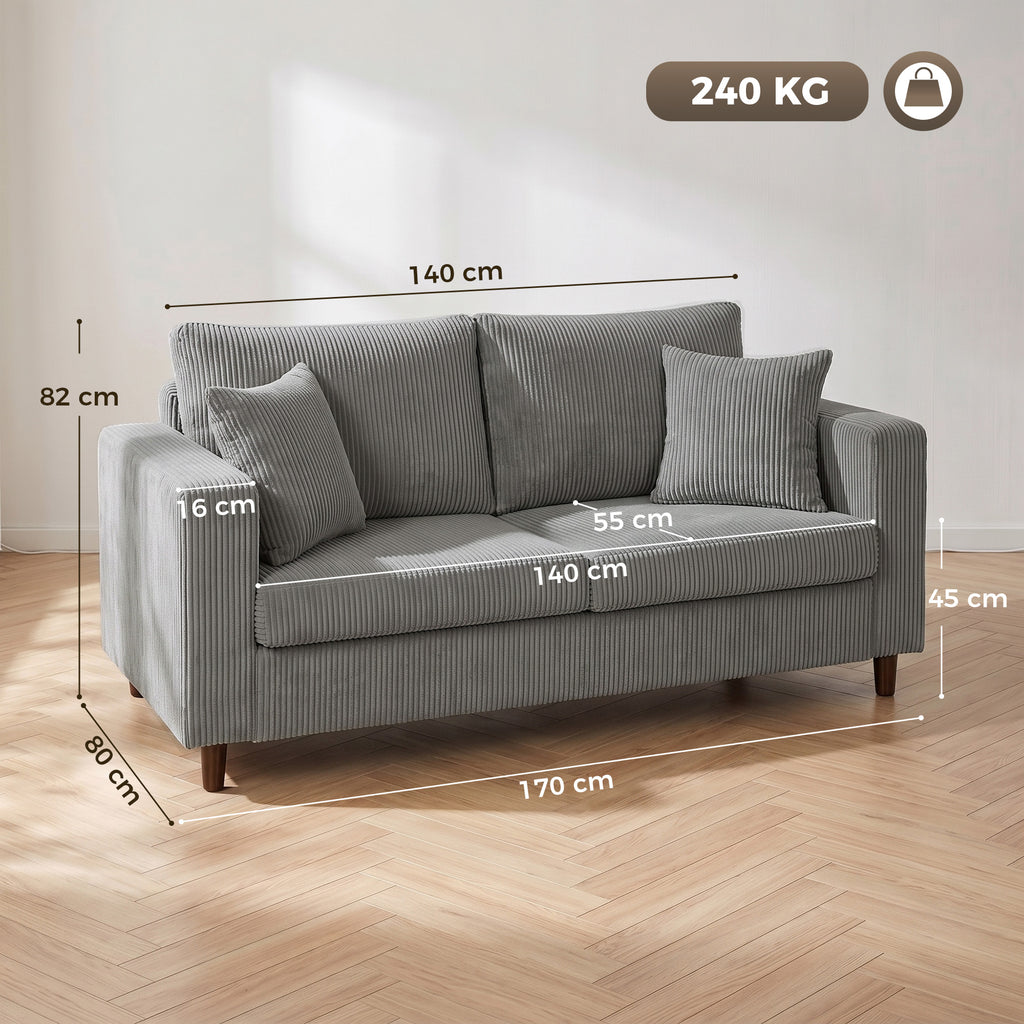 Loveseat Sofa with Wide Seat, Corduroy 2 Seater Couch with Deep Seat, Spring Cushion, Light Grey
