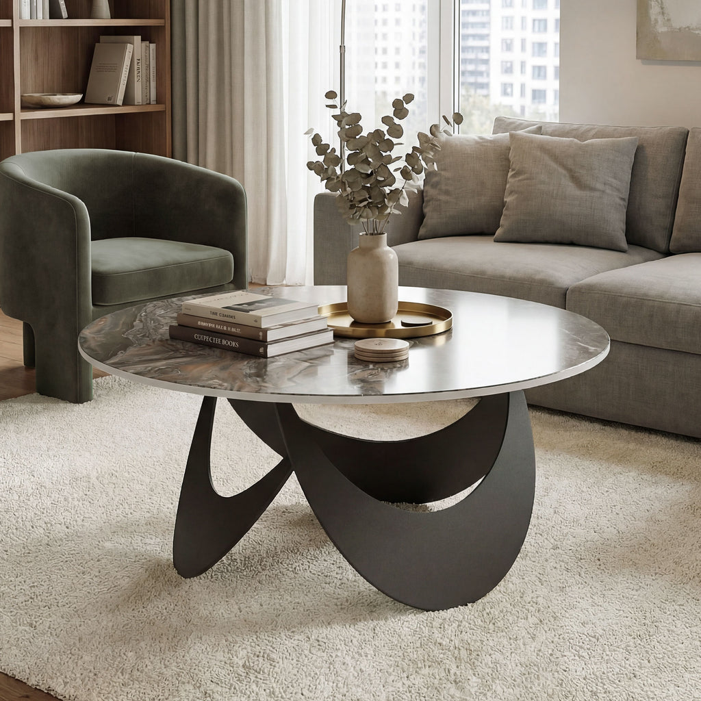 Coffee Table Sintered Stone Top Adjustable Foot Pads Modern Centre Table for Living Room Brown and Black