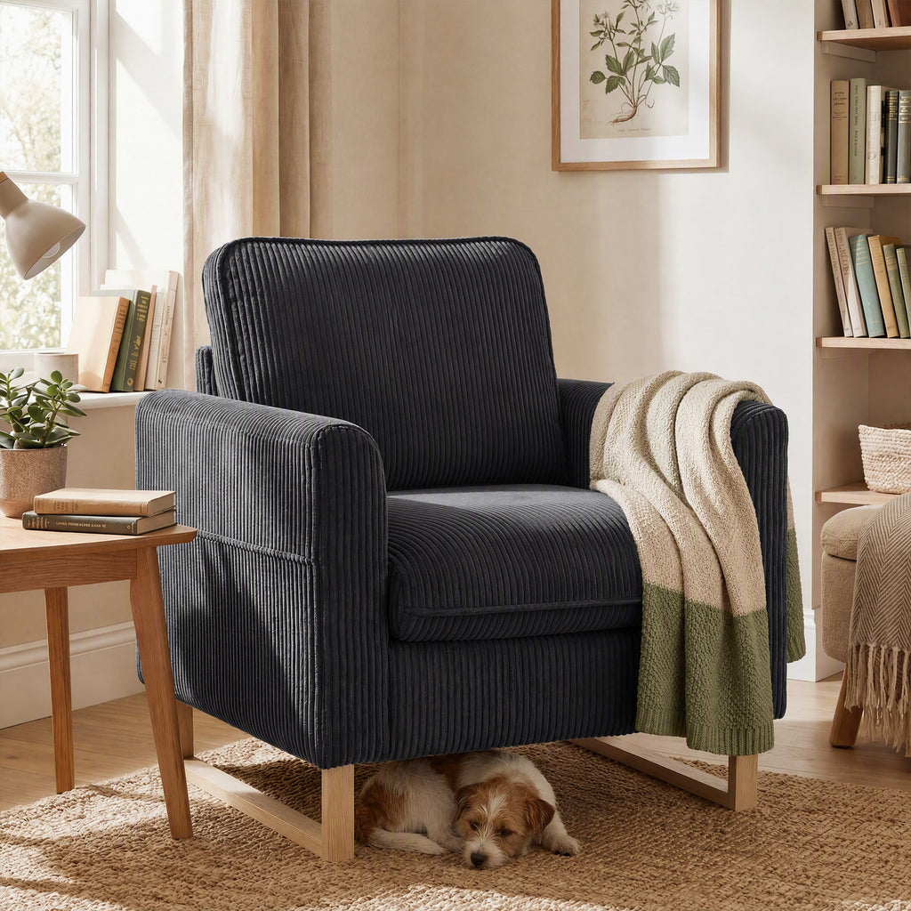 Accent Chair with Pocket Spring, Modern Industrial Armchair with Metal Legs for Livingroom Dark Grey