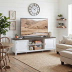 TV Unit for TVs up to 42 Inch, Farmhouse Entertainment Centre with 2 Open Shelves, 2 Cabinets and Thick Top