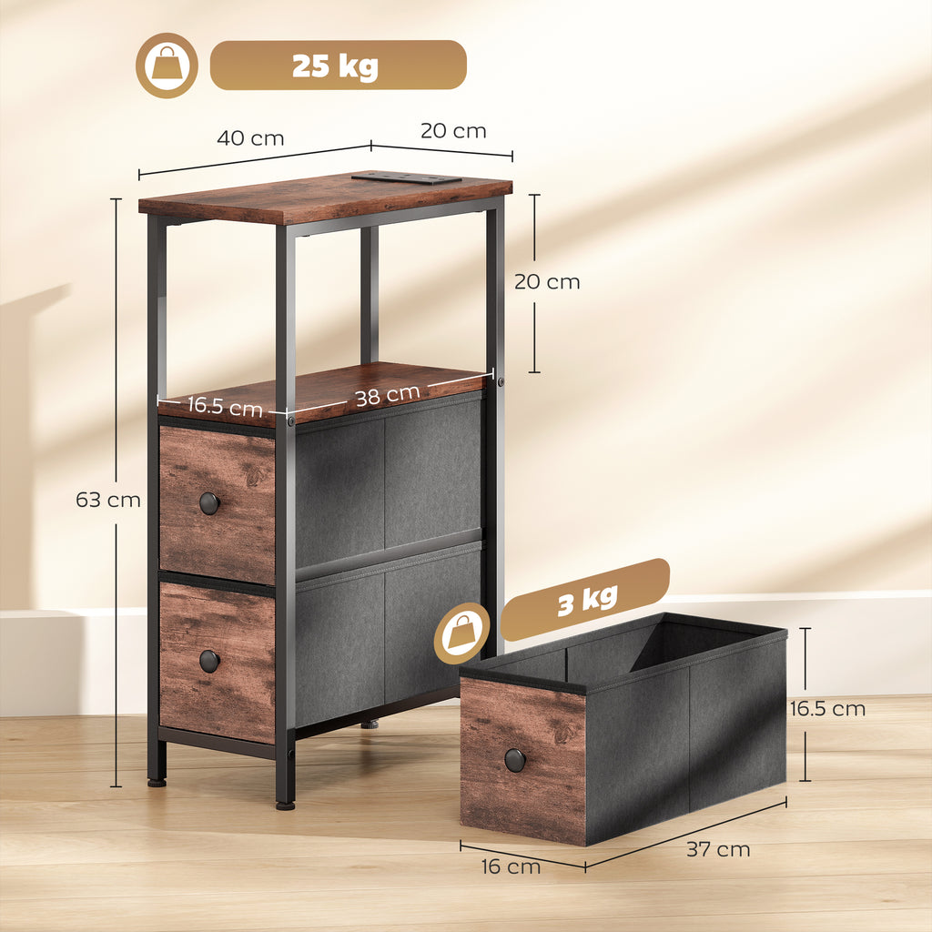 Side Table, Narrow Bedside Table with Charging Station, 2 Drawers, AC Outlet and 2 USB Ports for Living Room, Bedroom