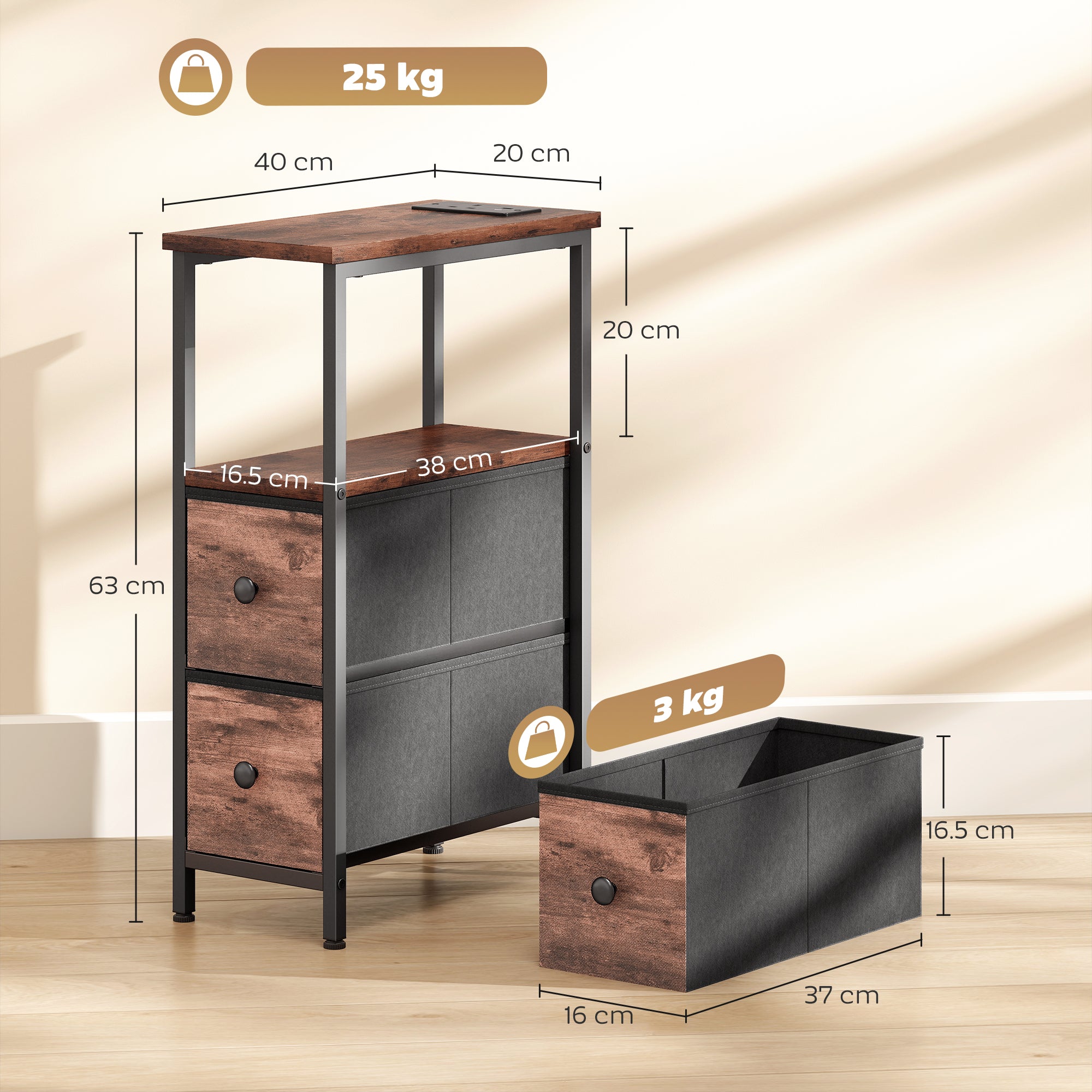 Side Table, Narrow Bedside Table with Charging Station, 2 Drawers, AC Outlet and 2 USB Ports for Living Room, Bedroom