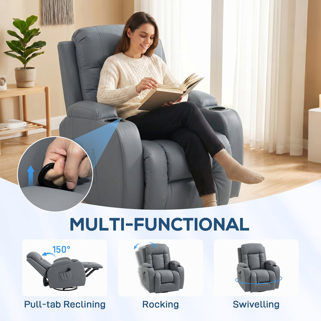 Massage Recliner Armchair, PU Leather Recliner Chair, Grey