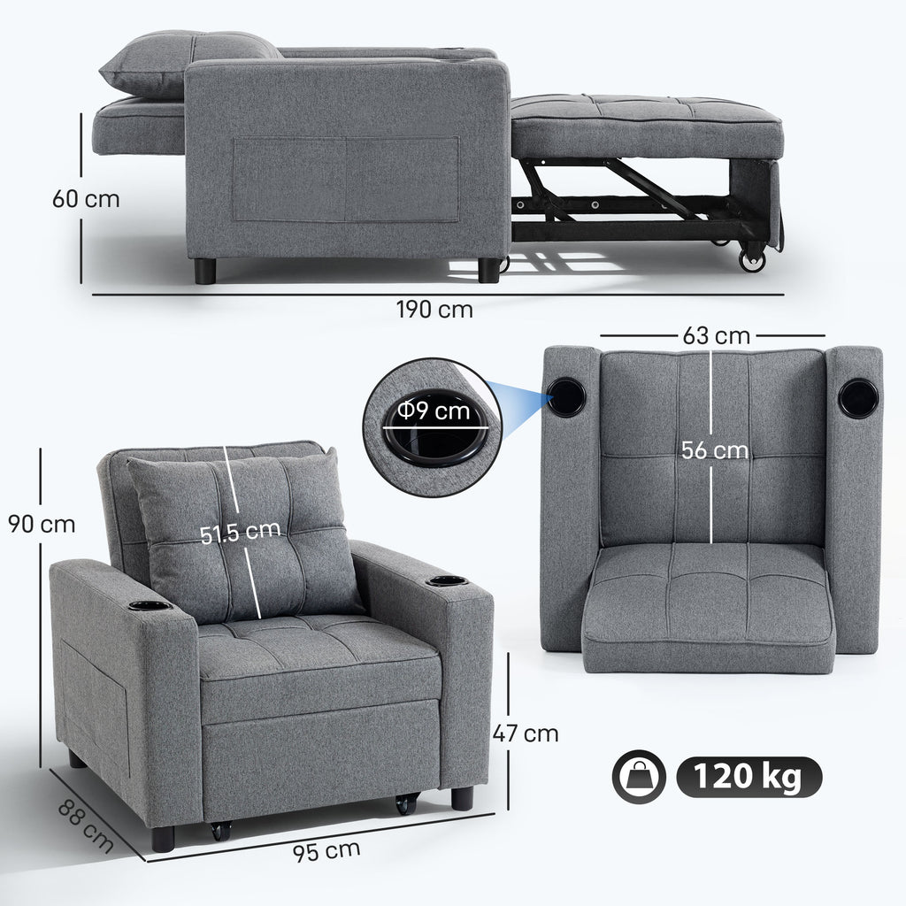 3-in-1 Single Sofa Bed, Convertible Sleeper Chair Bed - Dark Grey