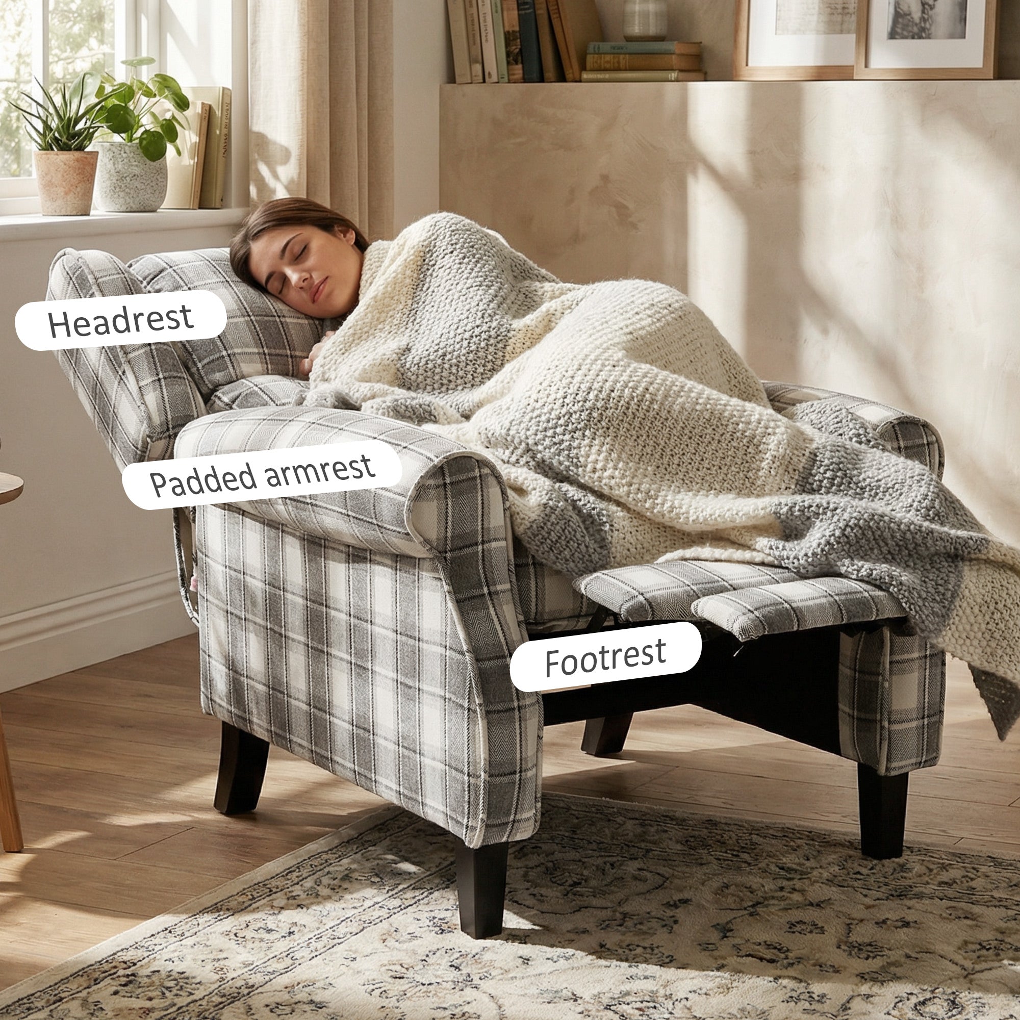 160Â° Reclining Armchair, with Footrest - Grey and White